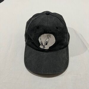 VTG 90s Mens Black Canvas Looney Tunes Tweety Bird Snapback Hat Cap OS Faded